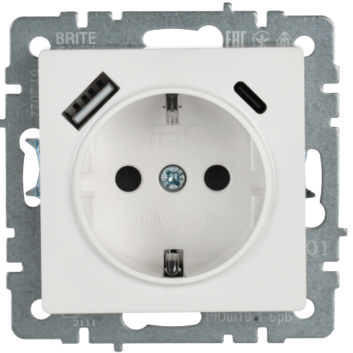Розетка BRITE РЮш11-1-БрБ 16А с USB A+C 18Вт с заземл. защ. шторки бел. | код. BR-R14-16-U22-018-K01 | IEK фото 4