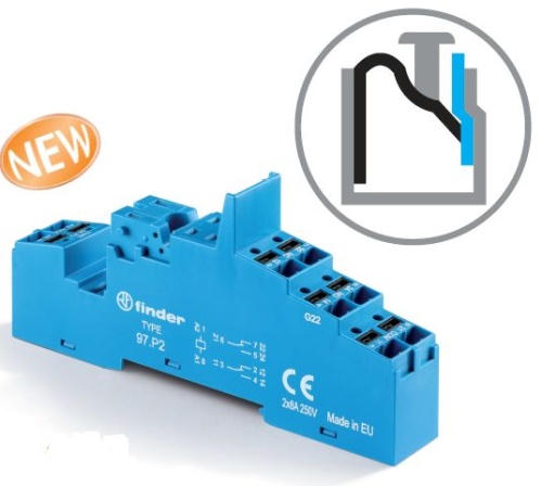 Розетка с безвинтовыми клеммами Push-in для реле 46.52, применяются модули 86.30, 99.02, в комплекте металлическая клипса 097.71, версия: синий цвет | код 97P2SMA | FINDER