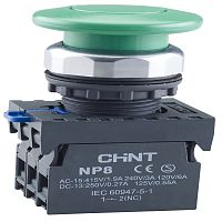 Кнопка упр. Грибок ?60мм NP8-10M/23 без подсветки, самовозв., зелен., 1НО, IP65 (R) | код 578656 | CHINT