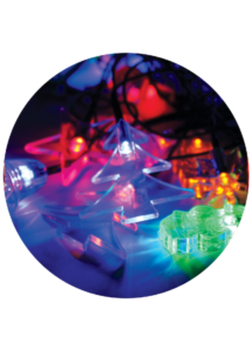 Гирлянда декоративная "Новогодняя" (прозр. насадки-колокольчики сосульки звездочки снежинки елочки кристаллы снеговики Дед Морозы) 4.4м 30LED IP20 мультиколор | код KOC_GIR30LEDMIX1_RGB | КОСМОС