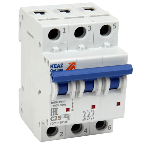 Выключатель автоматический модульный OptiDin BM63-3C6-15-УХЛ3-АЭС | код 367646 | КЭАЗ