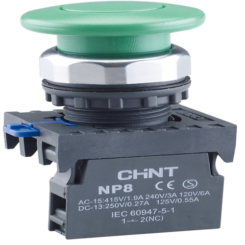 Кнопка упр. Грибок ?40мм NP8-20M/13 без подсветки, самовозв., зелен., 2НО, IP65 (R) | код 667268 | CHINT