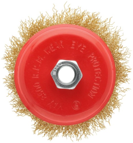 Корщетка-чашка, гайка М14, стальная латунированная волнистая проволока 100 мм, блистер | код 39093 | FIT