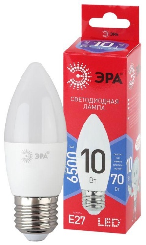 Лампа светодиодная ECO LED B35-10W-865-E27 R (диод свеча 10Вт холодн. E27) (10/100/3500) | Код. Б0045338 | ЭРА