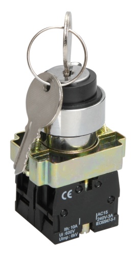 LAY5-BG25, 1НО+1НЗ, на 2 положения замок с ключом I-O, хром, d22мм, переключатель (ЭТ) | код ET012094 | Электротехник