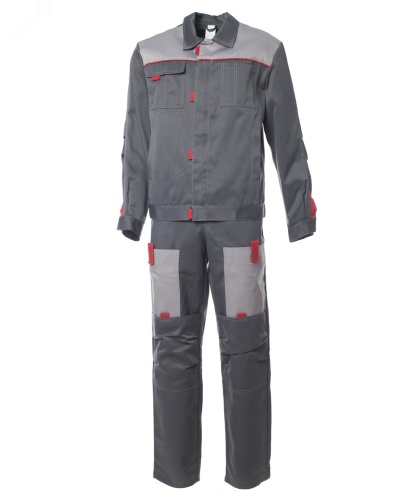 Костюм мужской ФАВОРИТ-2 куртка, полукомбинезон, цвет тёмно-серый с серым и красным, р-р 60-62 120-124/170-176 | код 114714 | Эталон-Спецодежда