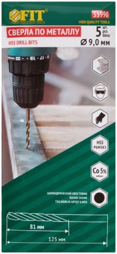 Сверла по металлу HSS с добавкой кобальта 5% Профи 9.0 мм (5 шт) | код 33990 | FIT фото 3