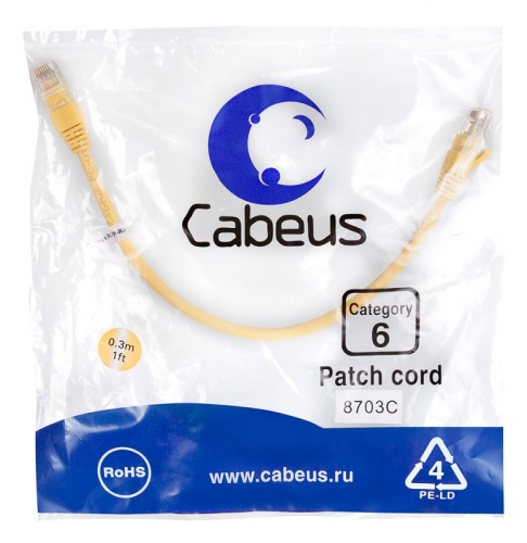 Cabeus PC-UTP-RJ45-Cat.6-0.3m-YL Патч-корд U/UTP, категория 6, 2xRJ45/8p8c, неэкранированный, желтый, PVC, 0.3м | код 8703c | Cabeus