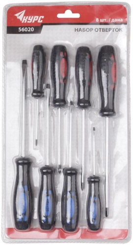 Отвертки ''Стандарт'', CrV сталь, магнитный наконечник, двухцветная прорезиненная ручка, набор 8 шт | код 56020 | КУРС