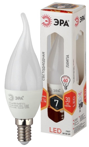 Лампа светодиодная LED BXS-7W-827-E14 (диод, свеча на ветру, 7Вт, тепл, E14 (10/100/2800) | код Б0028482 | ЭРА