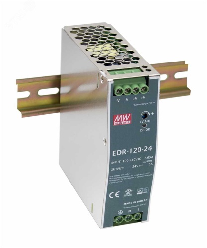 Блок питания AC-DC, 120Вт, вход 90-264V AC, 47-63Гц,127-370В DC, выход 48В,2.5A, рег. вых 48-55В, в кожухе на DIN-рейку | код EDR-120-48 | Mean Well