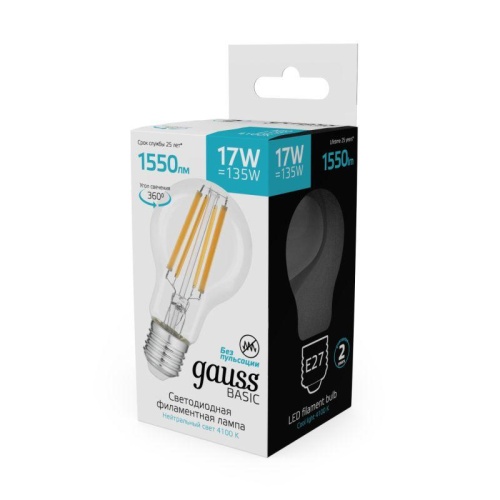 Лампа светодиодная филаментная Basic Filament А60 17Вт 4100К Е27 1550лм GAUSS 10212272 фото 6