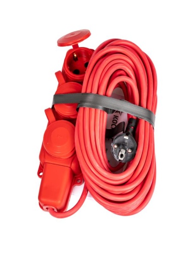 Удлинитель колодка 10м 3 гнезда КГ 3*2.5 мм 16A 250В 4000Вт каучук IP44 красный Россия УБК | код YKsm10m-3g(16A)KG-R | КОСМОС