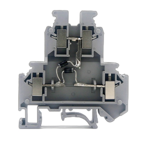 Клемма со встроенным диодом, двухуровневая, два диода: один между верхним и нижним уровнем, второй - между выводами нижнего уровня катод обоих диодов соединен с нижним левым выводом, винтовой зажим, 4 точки подключения, 4 кв.мм, серая | код GUR-D-D