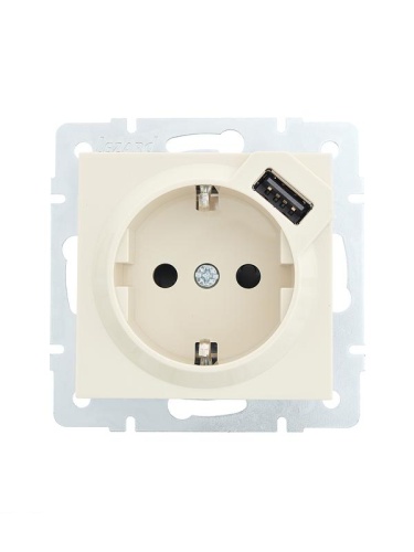 Розетка 1-м СП Vesna с заземл. с заряд. устройством USB механизм крем.