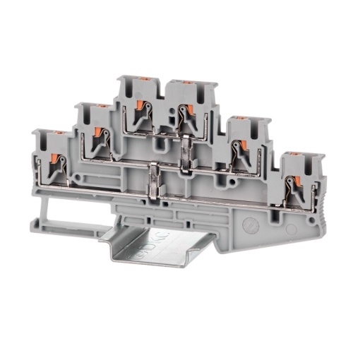 Клемма трехуровневая, зажим push-in, 6 точек подключения с перемычкой между уровнями, 2.5 кв.мм, серая | код VPR-2.5-3L-PV-GY | DKC