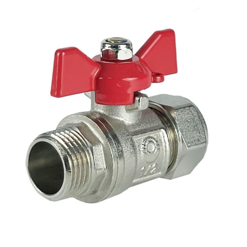 Кран шаровой обжимной с переходом на НР ручка-бабочка 16х1/2дюйм НИКЕЛИР-Й (100/10) К | код VF.341.NB.16012 | VALFEX