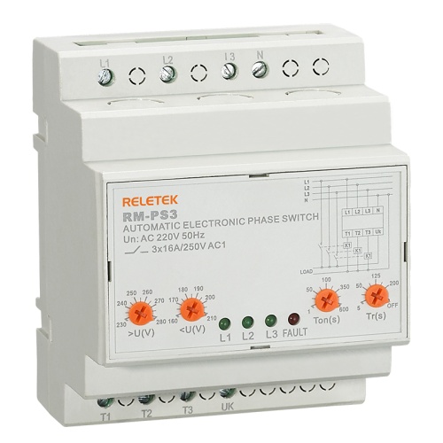 Реле выбора приоритетной фазы RM-PS3, 3NO+N, 16A, 220VAC, Umin(110_210V)/Umax(230_280V), 0.02_0.1s/1_600s, LED, 4,5M | код RM-PS3 | RELETEK