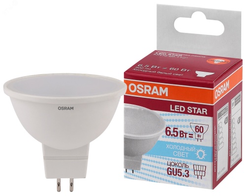 Лампа светодиодная LED 6,5Вт GU5.3 4000К 500лм 230V FR MR16 (замена 60Вт) OSRAM LS | код 4058075480582 | LEDVANCE Лампа светодиодная LED 6,5Вт GU5.3 4000К 500лм 230V FR MR16 (замена 60Вт) OSRAM LS | код 4058075480582 | LEDVANCE