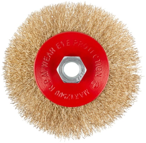 Корщетка-колесо с наклоном, гайка М14, стальная латунированная волнистая проволока 115 мм, блистер | код 39084 | FIT фото 2 Корщетка-колесо с наклоном, гайка М14, стальная латунированная волнистая проволока 115 мм, блистер | код 39084 | FIT фото 2