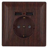 Розетка P+E Schuko со шторками, 16А-250В + 2хUSB, IP20, СУ, Solo, венге, 4-410-10 | код Б0043408 | ЭРА