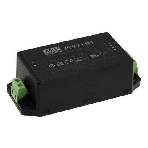Источник питания AC-DC, 40Вт, вход 80…264В AC, 47…63Гц / 113…370В DC, выход 5В/8000мА, КПД 88%, ток утечки <100мкА/264В AC, изоляция 4000В AC, в корпусе 109х52х33.5мм, -30…+80С, клем. колодка | код MPM-45-5ST | MeanWell