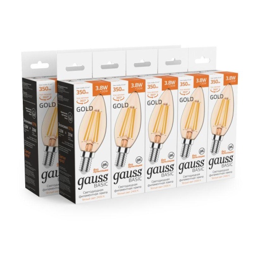 Лампа светодиодная филаментная Basic Filament 3.8Вт Свеча 2400К Е14 350лм golden GAUSS 1037154