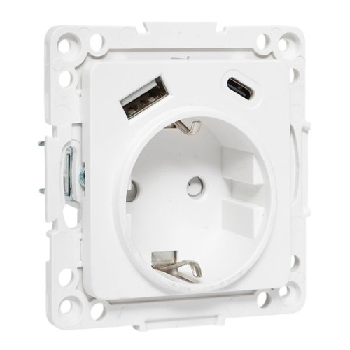 Стокгольм Механизм Розетки 1-местной с/з, USB A+C 16А винтовые клеммы белый с защ. штор. EKF | код EYR16-2USB-typeA-typeC | EKF