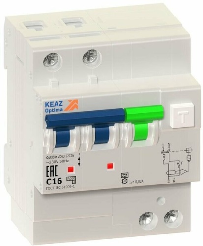 АВДТ с защитой от сверхтоков OptiDin VD63-22C16-A-УХЛ4 (2P, C16, 30mA) 10кА | код 350291 | КЭАЗ АВДТ с защитой от сверхтоков OptiDin VD63-22C16-A-УХЛ4 (2P, C16, 30mA) 10кА | код 350291 | КЭАЗ