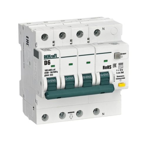 АВДТ 3P+N 6А 100мА AC х-ка D ДИФ-103 6кА | код 16516DEK | DEKraft
