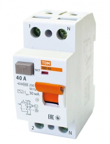 Выключатель дифференциальный (УЗО) ВД1-63 2п 40А 30мА тип AC | код. SQ0203-0013 | TDM