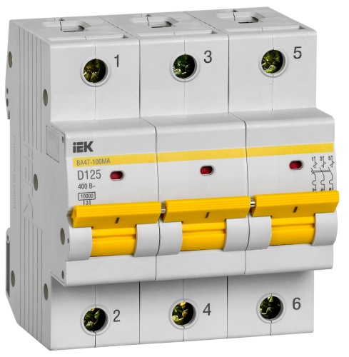 Автоматический выключатель ВА47-100МА без теплового расцепителя 3P 125А 10кА D | код MVA43-3-125-D | IEK 
