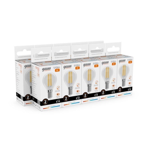 Лампа светодиодная филаментная LED 8 Вт 510 лм 2700К шар P45 теплый E14 AC 220В прозрачная колба Elementary Gauss | код 52118 | Gauss