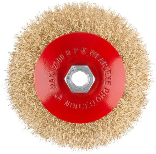 Корщетка-колесо с наклоном, гайка М14, стальная латунированная волнистая проволока 125 мм, блистер | код 39085 | FIT