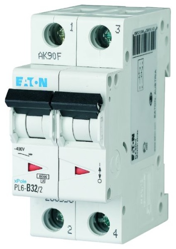 Автоматический выключатель 32А, кривая отключения С, 2 полюса, откл. способность 6 кА, PL6-C32/2 | код 286570 | EATON