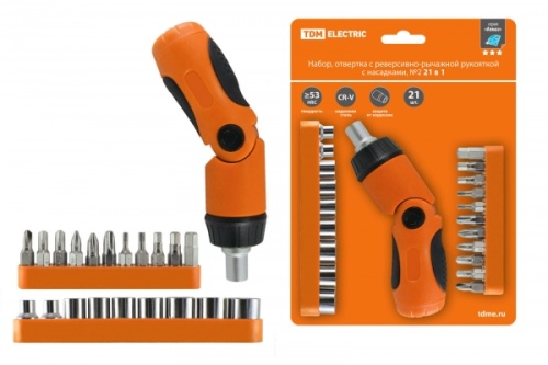 Набор, отвертка с реверсивно-рычажной рукояткой с насадками, №2, 21 предмет Алмаз TDM | код SQ1019-0202 | TDM