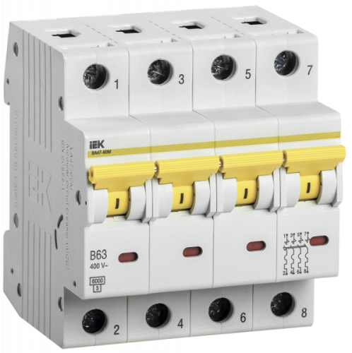 Выключатель автоматический четырехполюсный ВА47-60M 4Р 63А 6кА B | код. MVA31-4-063-B | IEK 