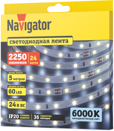 Лента светодиодная 95 295 NLS-2835CW60-4.8-IP20-24V (уп.5м) Navigator 95295