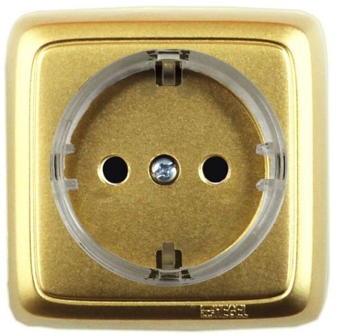 Розетка наружная с заземлением с изоляционной пластиной со шторками (стакан) золото | код РА16-174-07 | HEGEL