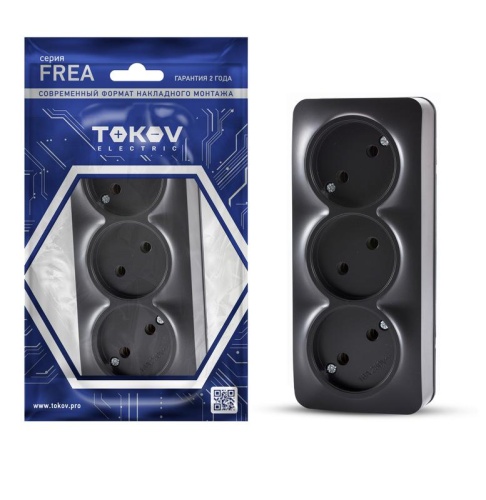 Розетка 3-м ОП Frea 16А IP20 250В без заземл. АБС-пластик карбон | код TKE-FR-R3-C14 | TOKOV ELECTRIC