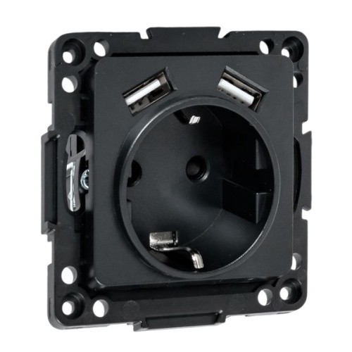 Стокгольм Механизм Розетки 1-местной с/з, USB 2A 16А винтовые клеммы черный с защ. штор. EKF | код EZR16-2USB-typeA | EKF