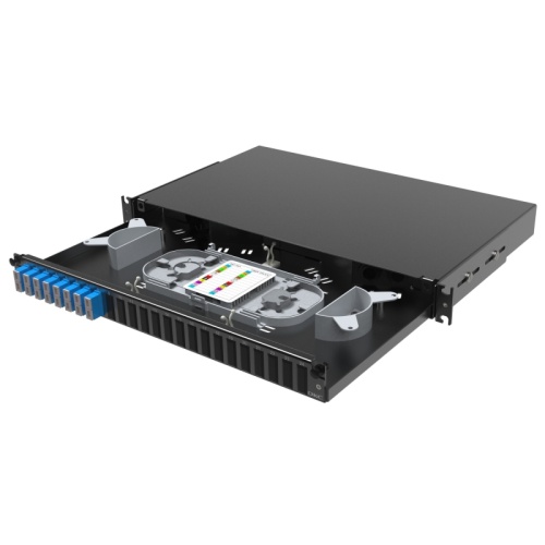 Оптическая полка выдвижная 1U с адатерами 8 х duplex SC OS2 в комплекте с лицевой панелью, пигтейлами, сплайс-кассет(ой/ами) и гильз | код RNFP9DSCU8 | DKC