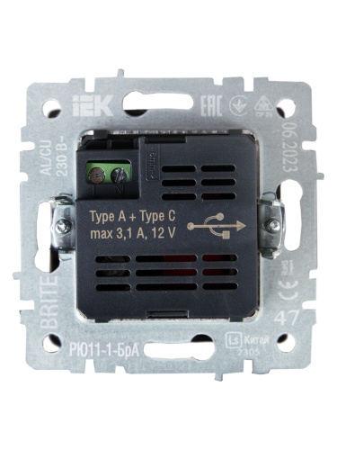 Розетка BRITE USB A+C 18Вт РЮ11-1-БрА алюм. | код. BR-U22-018-K47 | IEK фото 6 Розетка BRITE USB A+C 18Вт РЮ11-1-БрА алюм. | код. BR-U22-018-K47 | IEK фото 6