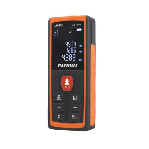 Дальномер лазерный LM 501 макс. дистанция 50м измерение площади объема подсветка память 30изм. чехол в компл. | код 120201501 | PATRIOT Дальномер лазерный LM 501 макс. дистанция 50м измерение площади объема подсветка память 30изм. чехол в компл. | код 120201501 | PATRIOT