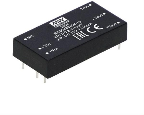 Источник питания DC-DC, 20Вт, вход 8,5…160В DC, потребление без/под нагр. 8мА/312мА, выход 15В/1330мА, КПД 89%, ёмкостная нагр. макс. 2200мкф, изоляция 3000В AC, в корпусе 50,8х25,4х10,2мм, -40…+95С | код RSDW20UW-15 | MeanWell Источник питания DC-DC, 20Вт, вход 8,5…160В DC, потребление без/под нагр. 8мА/312мА, выход 15В/1330мА, КПД 89%, ёмкостная нагр. макс. 2200мкф, изоляция 3000В AC, в корпусе 50,8х25,4х10,2мм, -40…+95С | код RSDW20UW-15 | MeanWell