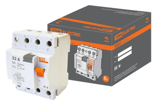 Выключатель дифференциальный (УЗО) ВД63 4п 32А 30мА тип AC (электронный) | код. SQ0220-0008 | TDM