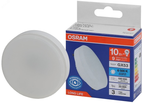 Лампа светодиодная LED 10Вт GX53 6500К 800Лм спот 220В (замена 75Вт) OSRAM | код 4099854185847 | LEDVANCE