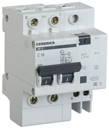 Выключатель автоматический дифференциальный АД12 2п 63А C 63А тип AC (3,9 мод) GENERICA | код. MAD15-2-063-C-030 | IEK 