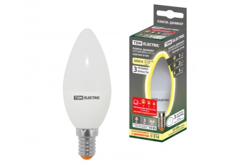 Лампа светодиодная С37-6 Вт-230 В-3000 К–E14 Лампа-ДИММЕР TDM | код SQ0340-0199 | TDM