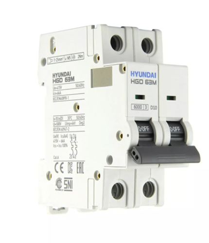 Автоматический выключатель HGD63-M 2PMDS0000C 00010 2 полюса, 10А, ток к.з. 6kA, хар-ка D (STANDARD) | код 13.04.000876 | HYUNDAI Автоматический выключатель HGD63-M 2PMDS0000C 00010 2 полюса, 10А, ток к.з. 6kA, хар-ка D (STANDARD) | код 13.04.000876 | HYUNDAI
